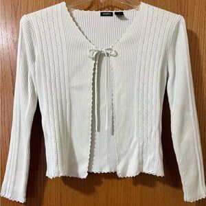 Women’s Small Vintage Tangents Off-White Ribbed Knit Tie-Front Cardigan Sweater